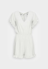 Světlé šedé overal z texturované látky, s hlubokým výstřihem do V, krátkými volánkovými rukávy a elastickým pasem s detailem zavázání vzadu.