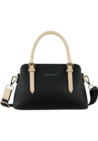 Borsa a mano in pelle nera texturizzata con due manici superiori, dettagli beige, hardware dorato e tracolla regolabile. Logo "bugatti" sulla parte frontale.