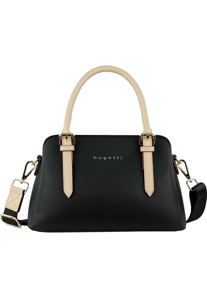 Borsa a mano in pelle nera texturizzata con due manici superiori, dettagli beige, hardware dorato e tracolla regolabile. Logo "bugatti" sulla parte frontale.