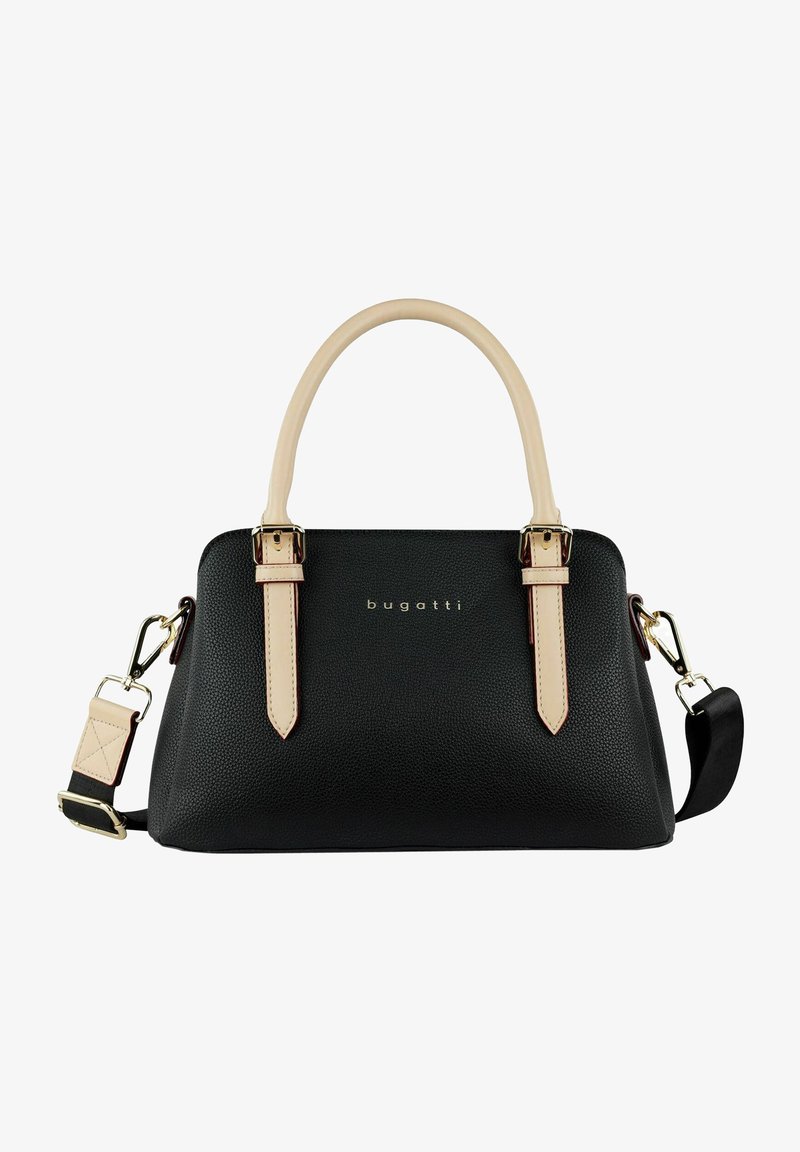 Sac à main en cuir noir texturé avec deux poignées supérieures, accents beiges, quincaillerie dorée et bandoulière ajustable. Logo "bugatti" à l'avant.