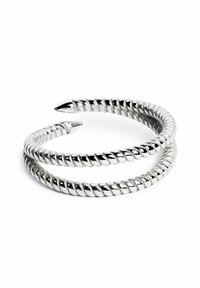 Silver-tone bracelet made of twisted metal, featuring pointed ends and a coiled design, showcasing a smooth and shiny texture.