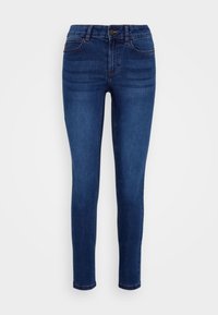 Jeans skinny em denim azul escuro, com um design clássico de cinco bolsos, fecho de botão e costura subtil ao longo das costuras.