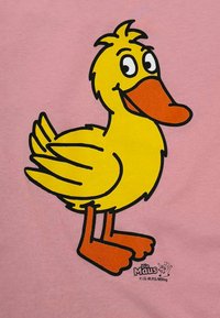 Gelbe Cartoon-Ente mit orangefarbenem Schnabel und Füßen, umrissen in Schwarz, auf einem rosa Hintergrund. Sie hat große Augen und einen Federnick auf dem Kopf.