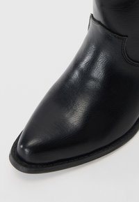 Stivale in pelle nera con punta affusolata, texture liscia e dettagli di cucitura minimi. Presenta un design della caviglia leggermente rialzato.