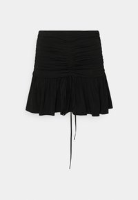 Schwarze Rock mit gerafftem Muster am Bund, ausgestattet mit einem ausgestellten Saum und verstellbarem Kordelzug. Weicher Stoff, lässiges Design.