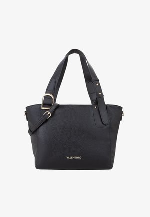 Borsa Valentino in pelle nera texturizzata con doppi manici, tracolla regolabile e fibbia e logo color oro.