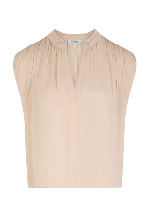 Blouse beige sans manches avec tissu froncé à l'encolure et aux épaules, dotée d'un col en V avec encoche.