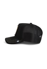 Black cap with a mesh back, curved visor, and contrasting yellow stitching. Features a fabric patch on the front and logo on the side.