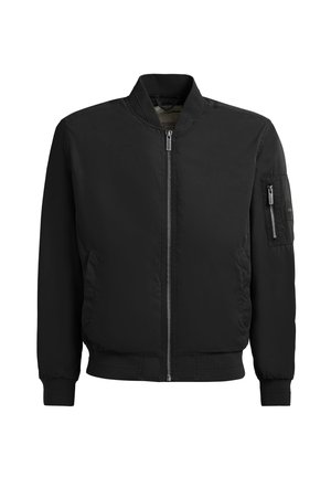 Schwarze Bomberjacke mit durchgehendem Reißverschluss vorne und Reißverschlusstasche am linken Ärmel, ausgestattet mit geripptem Kragen, Bündchen und Saum.