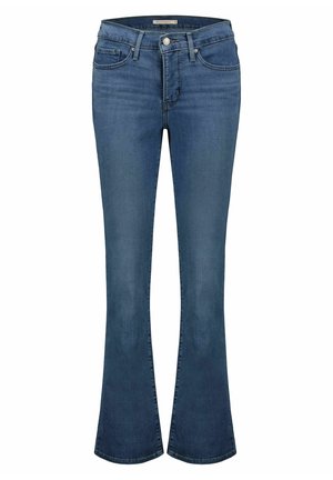 Jean denim bleu pour femmes avec fermeture frontale par bouton et zip, cinq poches et jambes légèrement évasées.