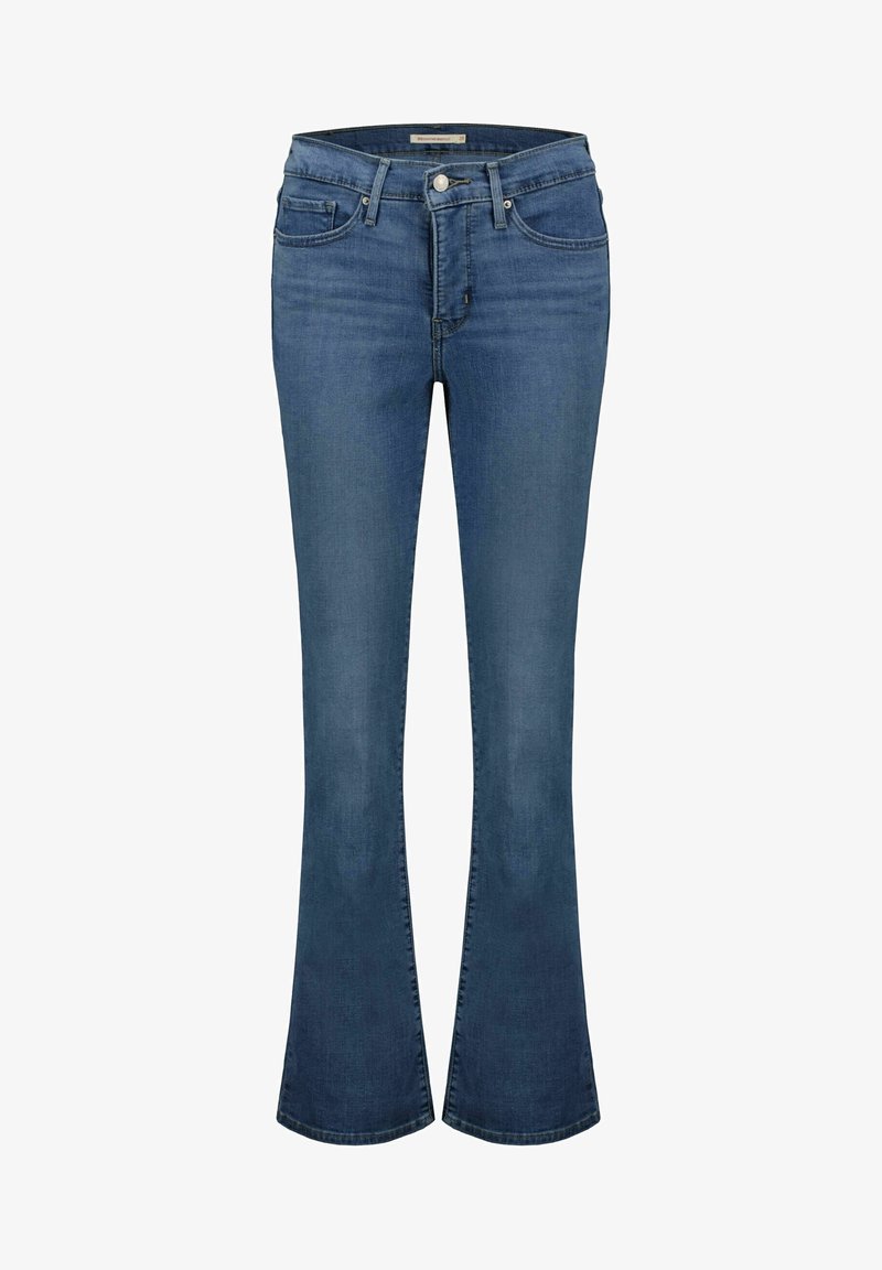 Jean denim bleu pour femmes avec fermeture frontale par bouton et zip, cinq poches et jambes légèrement évasées.
