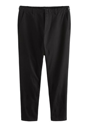 Pantaloni neri a taglio dritto, con fronte piatto, due tasche laterali e due bottoni in vita. Tessuto morbido con una texture liscia.