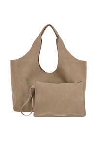 Bézs bőr bevásárlótáska nagy kivágott fogantyúval és egy kisebb, hozzáillő tárolóval, sima textúrával és minimalista dizájnnal.