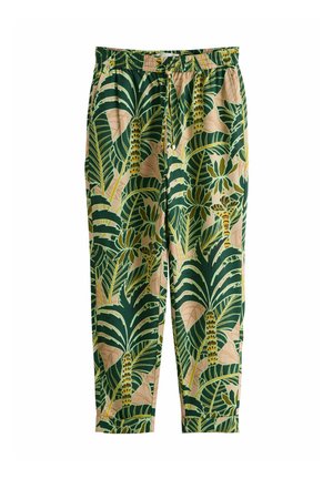Løse bukser med elastisk talje og tropisk palmebladprint i grøn og beige.