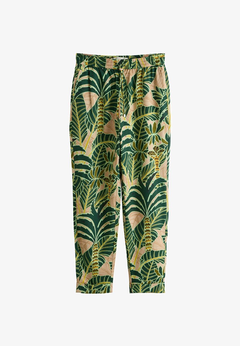 Pantalon ample avec taille élastique et imprimé feuilles de palmier tropicales vertes et beiges.