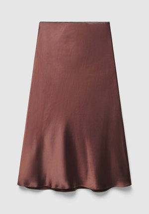 Brauner Satinrock mit glatter Textur, A-Linien-Silhouette und einem Saum, der sanft ausgestellt ist. Verfügt über einen verdeckten Reißverschluss hinten.
