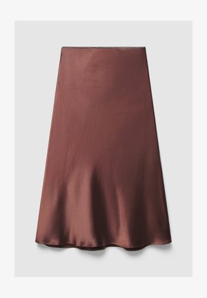 Brown satin skirt with a smooth texture, A-line silhouette, and hem that gently flares out. Features a concealed zipper at the back.