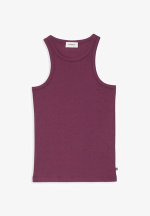 Débardeur sans manches côtelé de couleur violet profond avec un col rond et une petite étiquette en tissu sur la couture latérale gauche.