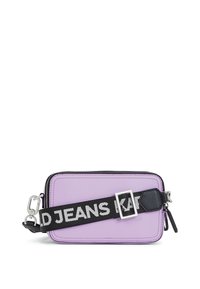Rectangular lavender crossbody bag made of synthetic material. Features a black strap with white lettering and silver hardware accents.