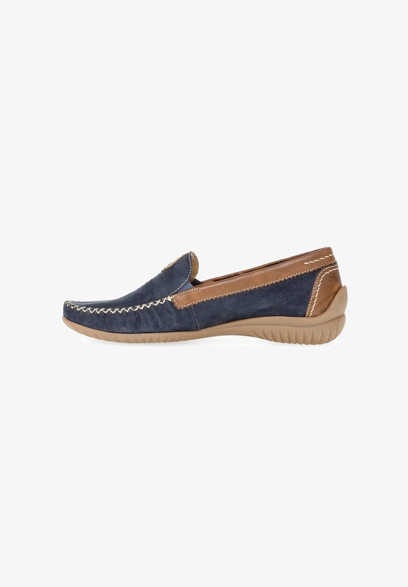 Navy blue slip-on shoe made of suede with brown leather accents, decorative stitching, a rounded toe, and a flexible rubber sole.