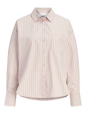 Pikkade varrukatega nööpidega särk kraega, roosade ja roheliste vertikaalsete triipudega ning vasakul küljel rinnataskuga.