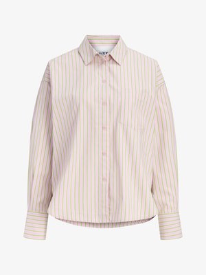 Langärmliges Hemd zum Knöpfen mit Kragen, rosa und grünen vertikalen Streifen und einer Brusttasche auf der linken Seite.