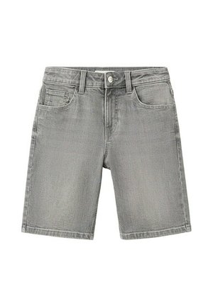 Grijze denimshorts met knopen aan de voorkant, rits, riemlussen en drie voorzakken, weergegeven op een witte achtergrond.