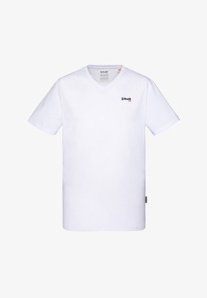 Witte katoen T-shirt met korte mouwen en een V-hals, met een klein rood en blauw logo op de linkerkant van de borst en een zijlabel.