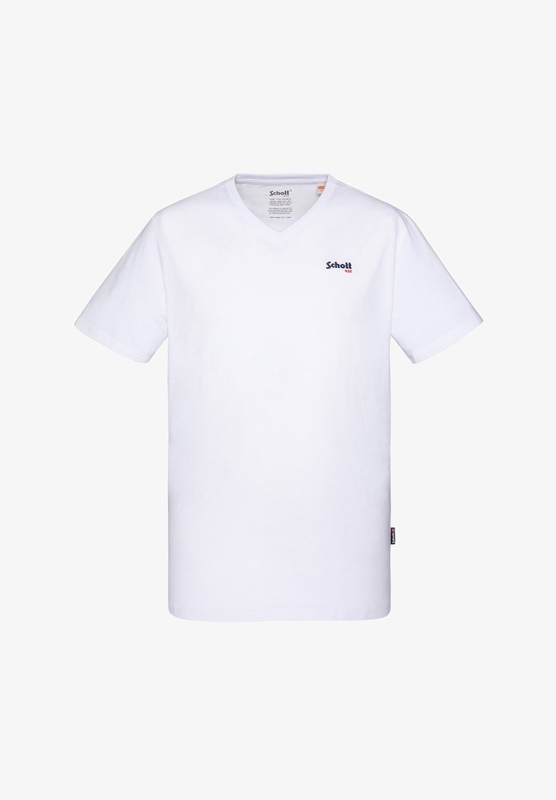 Witte katoen T-shirt met korte mouwen en een V-hals, met een klein rood en blauw logo op de linkerkant van de borst en een zijlabel.