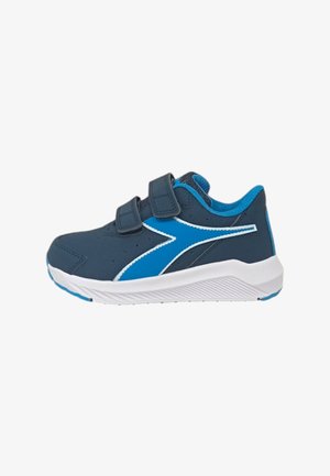 Sneaker per bambini in navy con accenti blu, dotata di una tomaia in sintetico liscio, cuciture bianche e due fasce in velcro per la chiusura.