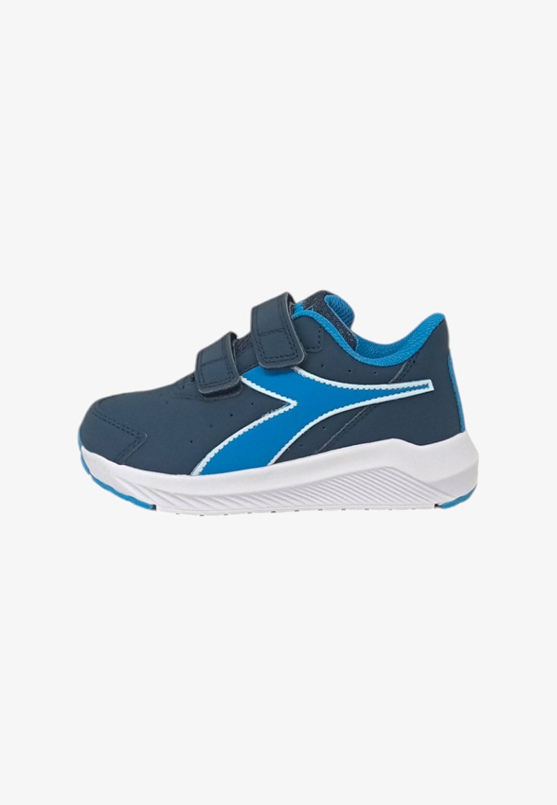 Sneaker per bambini in navy con accenti blu, dotata di una tomaia in sintetico liscio, cuciture bianche e due fasce in velcro per la chiusura.