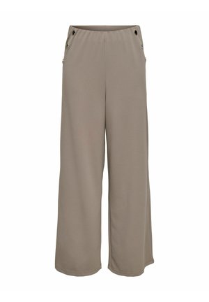 Vide bukser i lyst taupe-stoff, med elastisk midjebånd og dekorative metalløyer på sidene. Glatt tekstur.