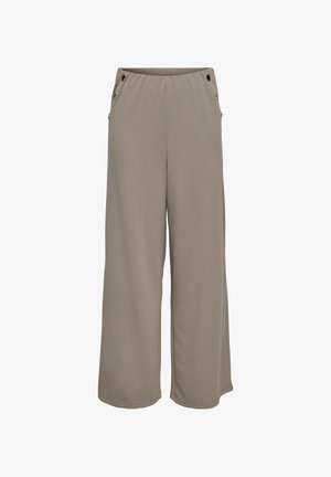Wide-leg trousers in a light taupe fabric, featuring an elastic waistband and decorative metal eyelets at the sides. Smooth texture.