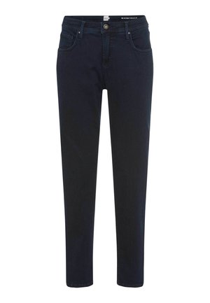 Mørkeblå denimbukser med lige ben, forlommer og lynlåsgylf. Har knaplukning og en ren finish uden udsmykninger.