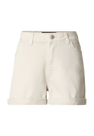 Pantaloni scurți din denim alb, cu tiv răsucit, buzunare frontale și închidere cu un singur nasture metalic, prevăzuți cu bucle pentru curea în talie.