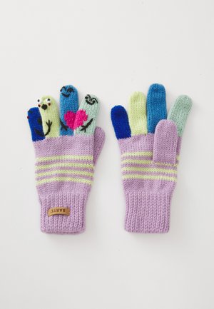 Gestickte Handschuhe in Lavendel mit grünen Streifen. Jede Fingerspitze zeigt bunte gestickte Designs: Vögel, Herzen und lächelnde Gesichter.