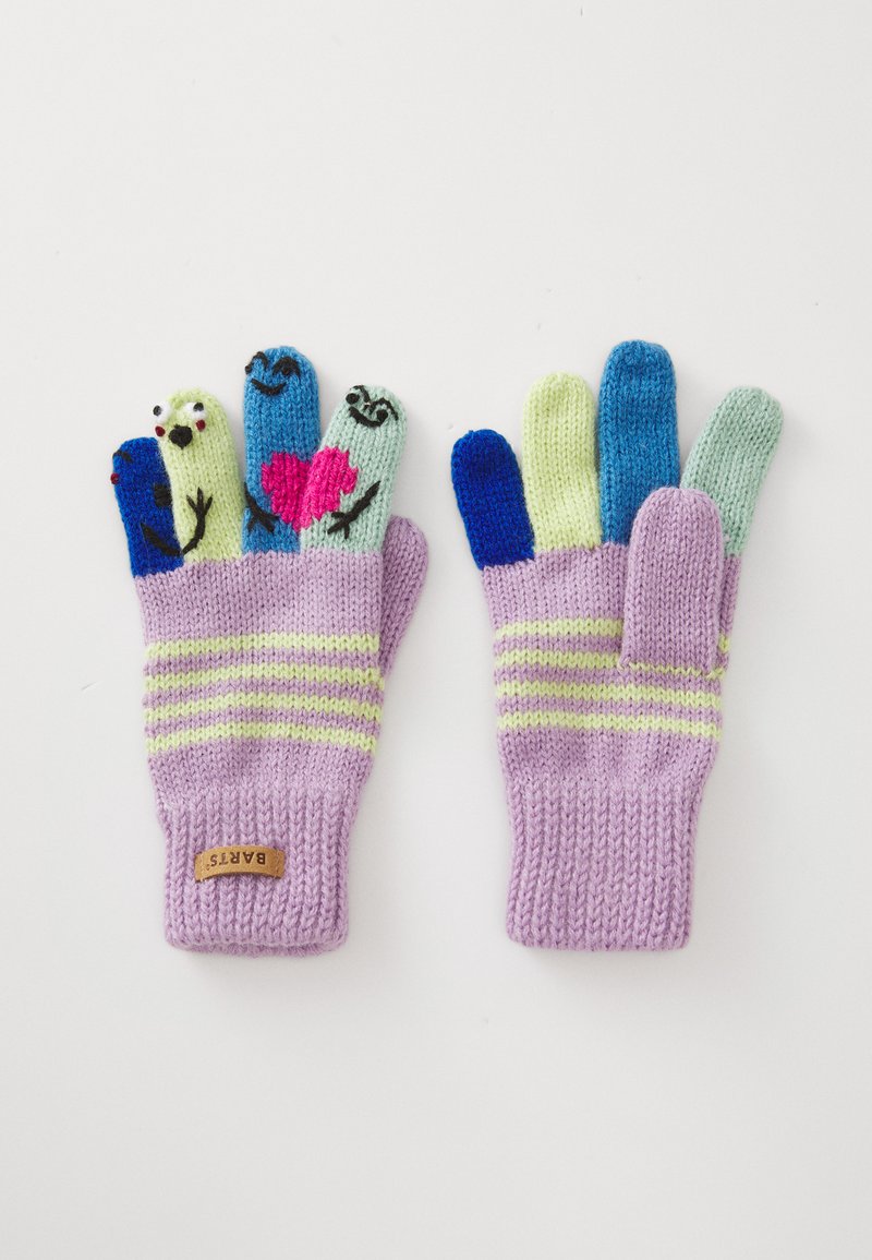 Gestickte Handschuhe in Lavendel mit grünen Streifen. Jede Fingerspitze zeigt bunte gestickte Designs: Vögel, Herzen und lächelnde Gesichter.