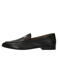 Black leather loafers with a flat sole, rounded toe, decorative strap, and small metal hardware detail on the front. Smooth texture.