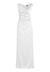 Robe longue blanche avec un corsage ajusté et une jupe fluide. Elle présente un décolleté en V et des fronces subtiles à la taille, fabriquée en tissu lisse.