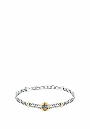 Bracciale a doppia catena in argento con anello dorato e accenti dorati, con chiusura in argento e maglie regolabili.