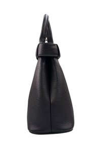 Borsa a tracolla in pelle nera con texture, vista di lato, che mostra una forma strutturata e un manico superiore singolo.