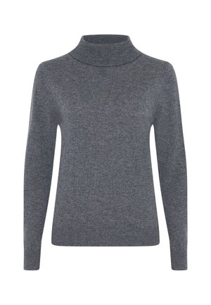 Pull en col roulé gris en tissu doux et texturé, avec des manches longues et un col ajusté. Design simple sans motifs ni embellissements.