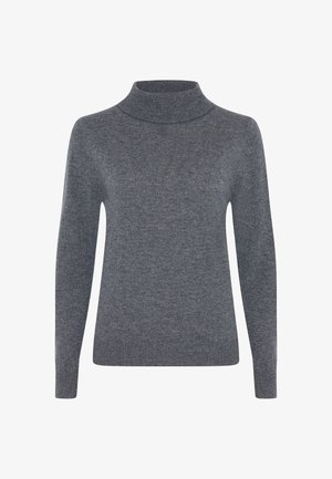 Grijze coltrui gemaakt van een zachte, gestructureerde stof met lange mouwen en een aansluitende hals. Eenvoudig ontwerp zonder patronen of versieringen.