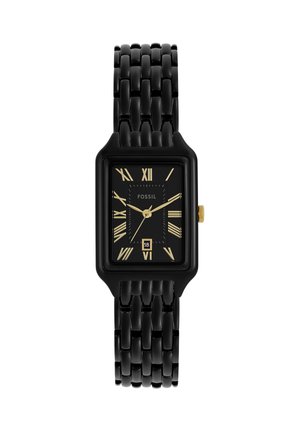 Schwarze rechteckige Fossil-Armbanduhr mit goldenen römischen Ziffern, drei goldenen Zeigern, Datumsanzeige bei 6 Uhr und schwarzem Metallgliederarmband.