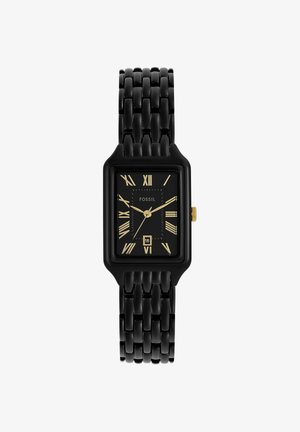 Montre-bracelet rectangulaire noire Fossil avec chiffres romains dorés, trois aiguilles dorées, affichage de la date à 6 heures et bracelet métallique noir à maillons.
