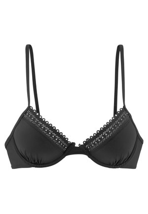 Schwarzer Bikini-BH mit verstellbaren Trägern, weich gepolsterten Cups und einer spitzenartigen Ausschnittgestaltung entlang der oberen Kante. Glatte Stofftextur.