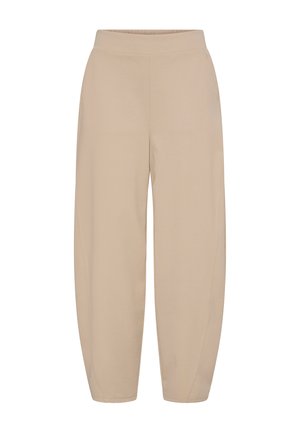 Beige jogger pants made of soft fabric, featuring a wide waistband, relaxed fit, and tapered legs with elastic cuffs at the ankles.