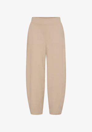 Beežid pehmet kangast jogger-püksid, millel on lai vöökoht, lõdvestunud lõige ja kitsenevad sääred, millel on pahkluude juures elastsed mansetid.