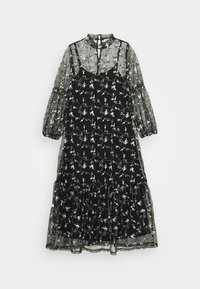 Sort blomsterkjole med gennemsigtige lange ærmer, høj hals og lagdelt flæsekant. Har broderede blomster i lyseblå og grøn.