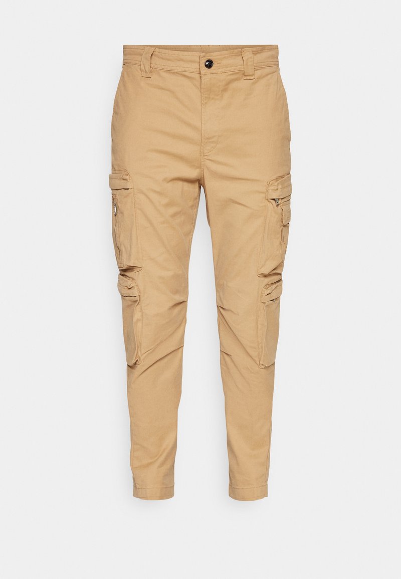 Khaki Cargo-Hosen aus einer Baumwollmischung, mit Seitentaschen, schlanker Passform und Knopfverschluss an der Taille.